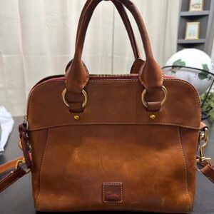 Dooney Bourke Large Brown Leather Satchel with Gold Accents